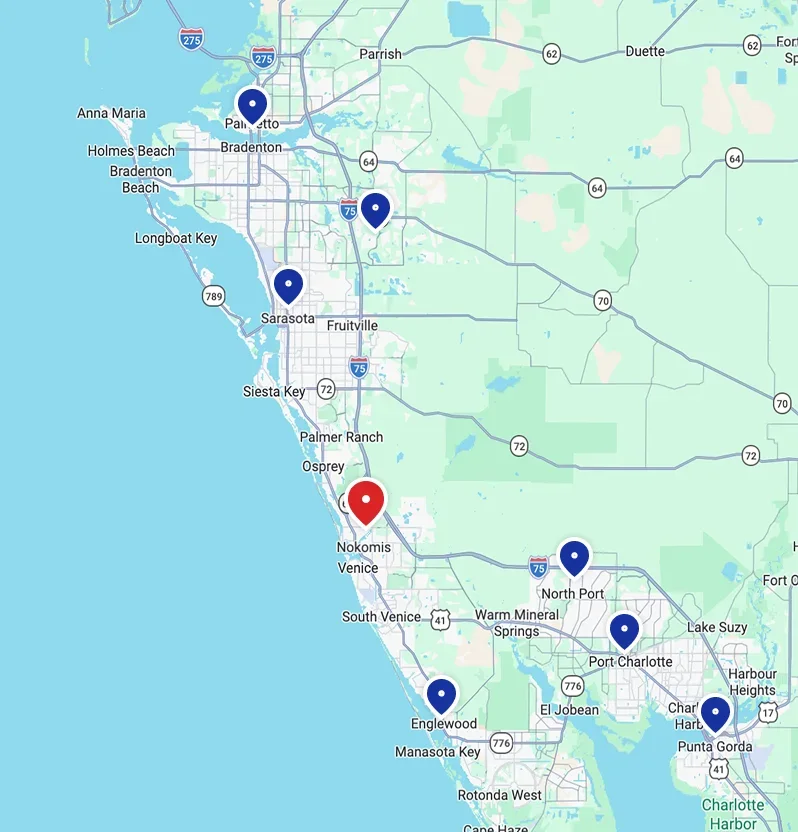 Map of Superior Heating & Cooling's HVAC service area across Sarasota, Charlotte, and Manatee Counties, FL